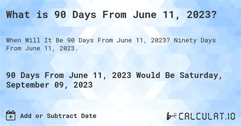 To get exactly ninety weekdays from Jan 30, 2023, you actually need to count 126 total days (including weekend days). That means that 90 weekdays from Jan 30, 2023 would be June 5, 2023. If you're counting business days, don't forget to adjust this date for any holidays. June 5, 2023 is a Monday.